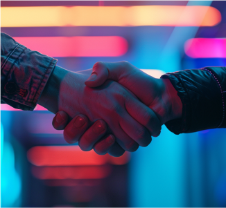 Professional handshake silhouetted against vibrant blue and pink lighting